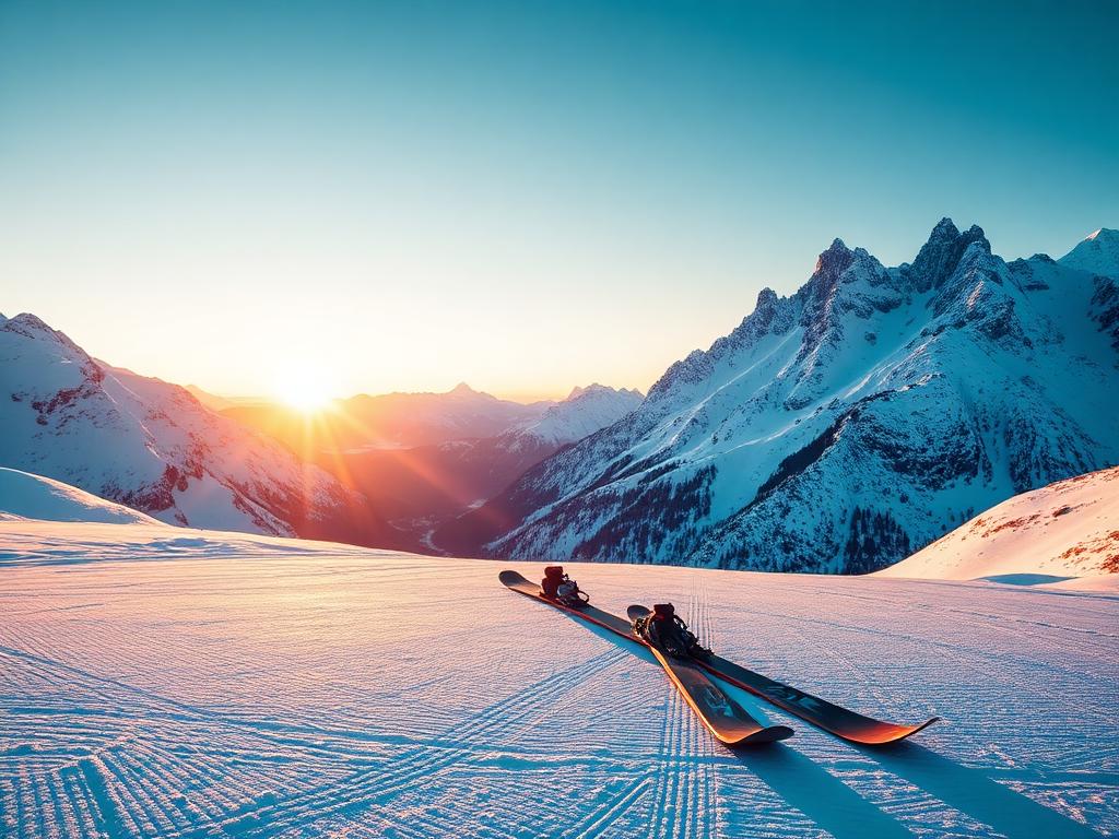 Ski im Schnee vor Bergpanorama